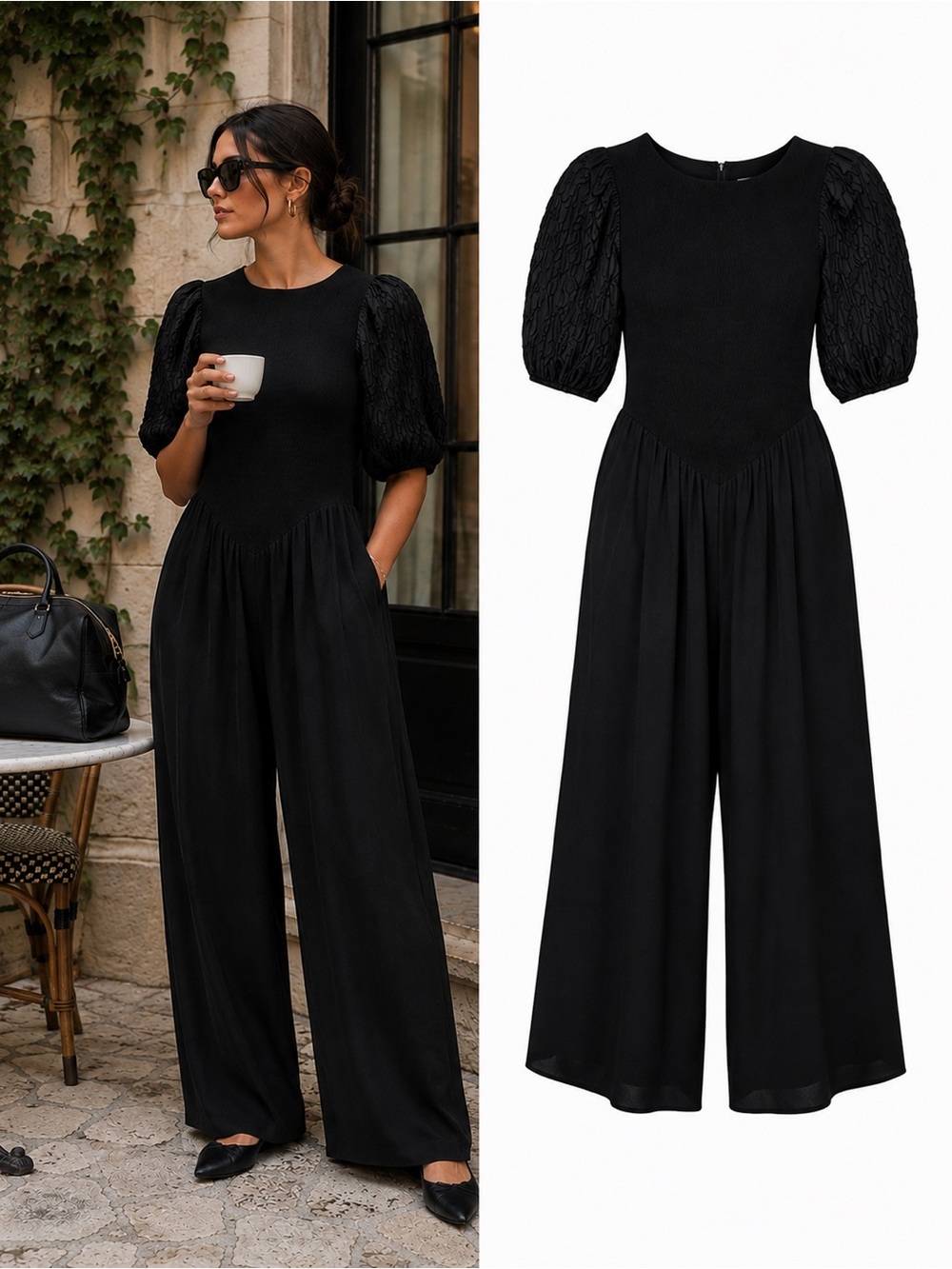 Free People Temperley Black Smocked Wide Leg Jumpsuit Puff Sleeve Size Large